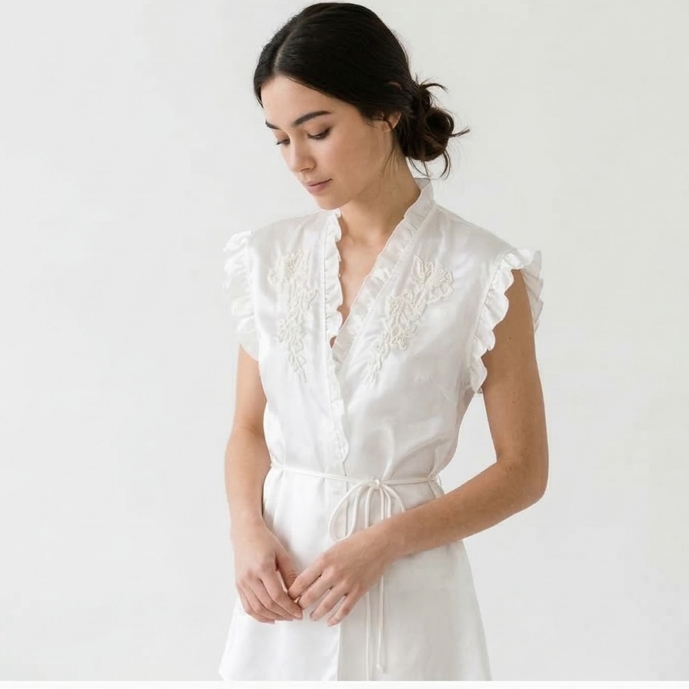 Vintage Linea Donatella Blouse Y2K White Satin Beaded Fairy Wrap S